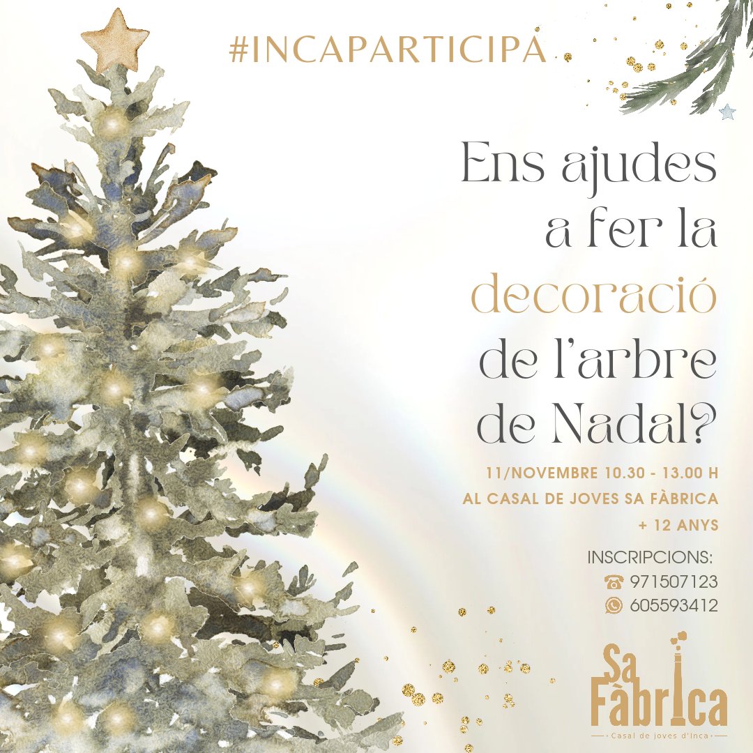 CasalJovesInca's tweet photo. Començam a preparar el Nadal! Ens ajudes?🤩
Per a més informació, podeu contactar amb l'equip del Casal sa Fabrica!
#somjovesinca #Incaparticipa https://t.co/cwgTUIRDYG