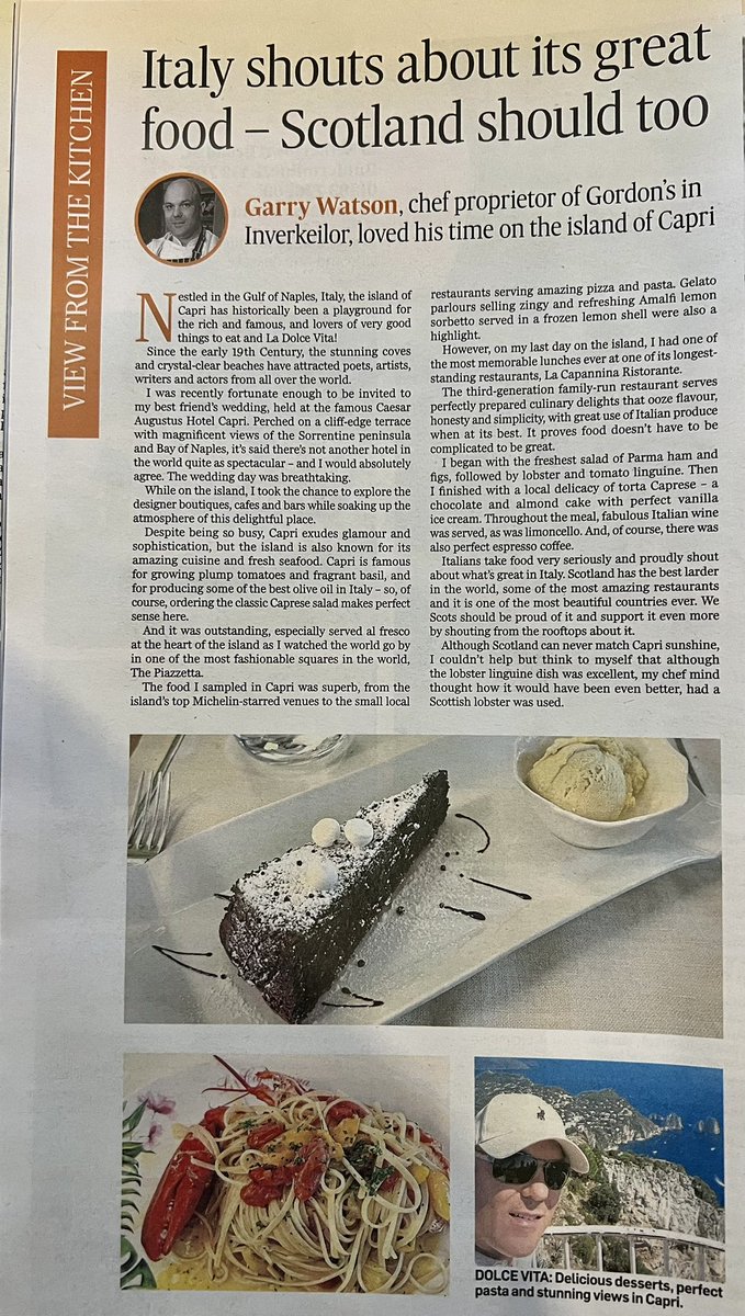 GordonsRest's tweet photo. 🇮🇹 CHEF GARRY VISITS CAPRI, ITALY 🇮🇹
Do you keep up each month with Garry in “The Courier”?
Catch up with today’s feature on his trip to Capri, Italy. #capri #lacapanninacapri #hotelcaesaraugus #thecourier #gordonsrestaurantwithrooms #gastronomy #scottishshellfish #capri https://t.co/0WXoPKA0q2
