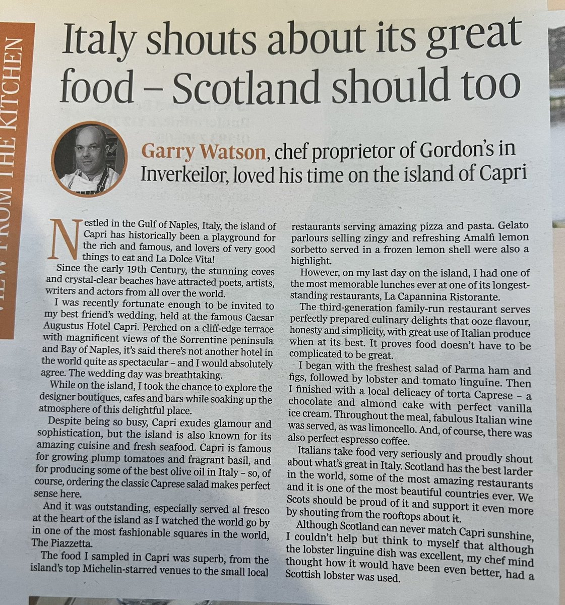 GordonsRest's tweet photo. 🇮🇹 CHEF GARRY VISITS CAPRI, ITALY 🇮🇹
Do you keep up each month with Garry in “The Courier”?
Catch up with today’s feature on his trip to Capri, Italy. #capri #lacapanninacapri #hotelcaesaraugus #thecourier #gordonsrestaurantwithrooms #gastronomy #scottishshellfish #capri https://t.co/0WXoPKA0q2