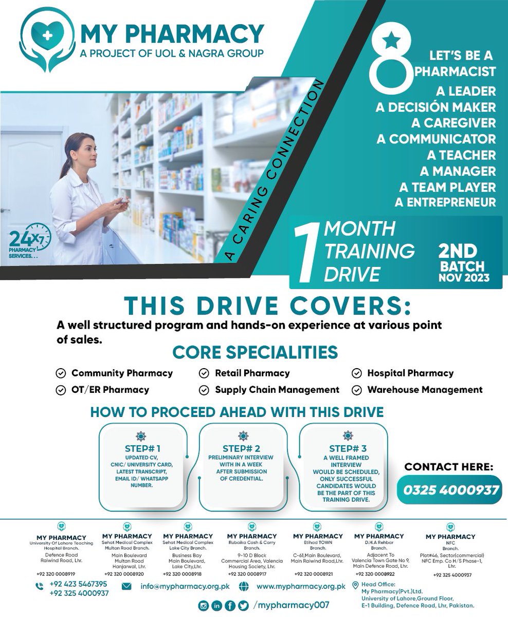 mypharmacy007's tweet photo. THIS DRIVE COVERS:
Community Pharmacy
Retail Pharmacy
OT/ ER Pharmacy
Hospital Pharmacy
Supply Chain manager
Warehouse Manager
Contact us: 03254000937

#pharmacy #medicine
#training #drive 2023 https://t.co/gIZgCikbh4