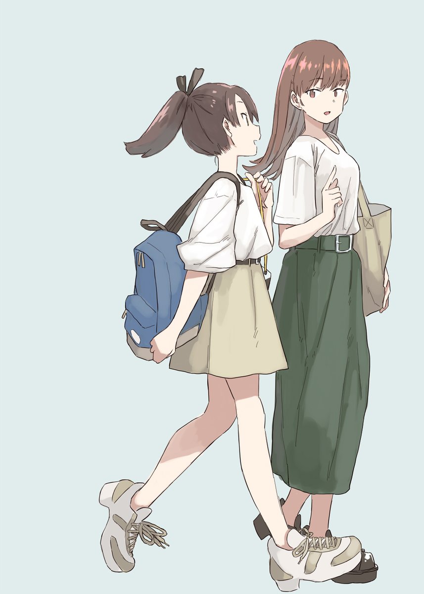 ooi (kancolle) ,shikinami (kancolle) brown hair multiple girls 2girls bag skirt long hair ponytail  illustration images