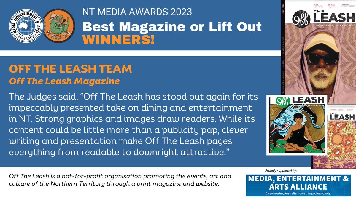 📚 Big congrats to our Best Magazine or Lift Out Award winners - Off the Leash, the team behind your free monthly guide to what’s on in the NT across music, festivals, art, film, writing, food, theatre &amp; community events.
#NTMediaAwards23 <a href="/withMEAA/">MEAA</a> <a href="/OTLmag/">Off The Leash</a> <a href="/NTPressClub/">Northern Territory Press Club</a>