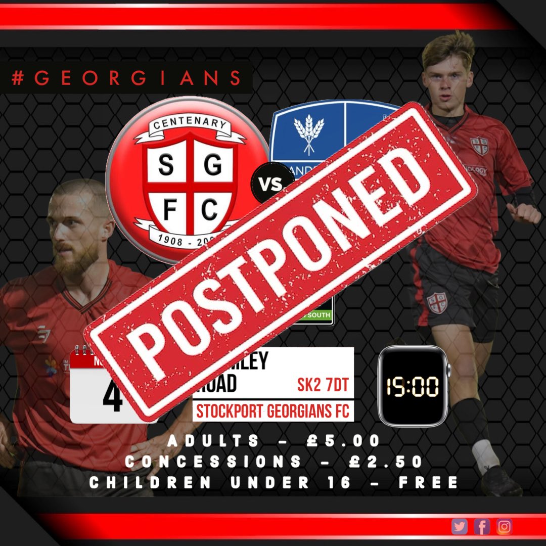 Stockport Georgians FC (@officialsgfc) on Twitter photo 🚨| Unfortunately todays game has been 𝗣𝗢𝗦𝗧𝗣𝗢𝗡𝗘𝗗 due to a waterlogged pitch, the Cromley Road surface not recovering from all the rain we’ve had this week 🌧️👎
🗓️ | A date for the rearranged fixture will be announced in due course
<a href="/SandbachFC_1st/">Sandbach United - 1st Team ⚽️</a> <a href="/nwcfl/">The NWCFL ⚽️</a>
#Georgians 🚨| Unfortunately todays game has been 𝗣𝗢𝗦𝗧𝗣𝗢𝗡𝗘𝗗 due to a waterlogged pitch, the Cromley Road surface not recovering from all the rain we’ve had this week 🌧️👎
🗓️ | A date for the rearranged fixture will be announced in due course
<a href="/SandbachFC_1st/">Sandbach United - 1st Team ⚽️</a> <a href="/nwcfl/">The NWCFL ⚽️</a>
#Georgians