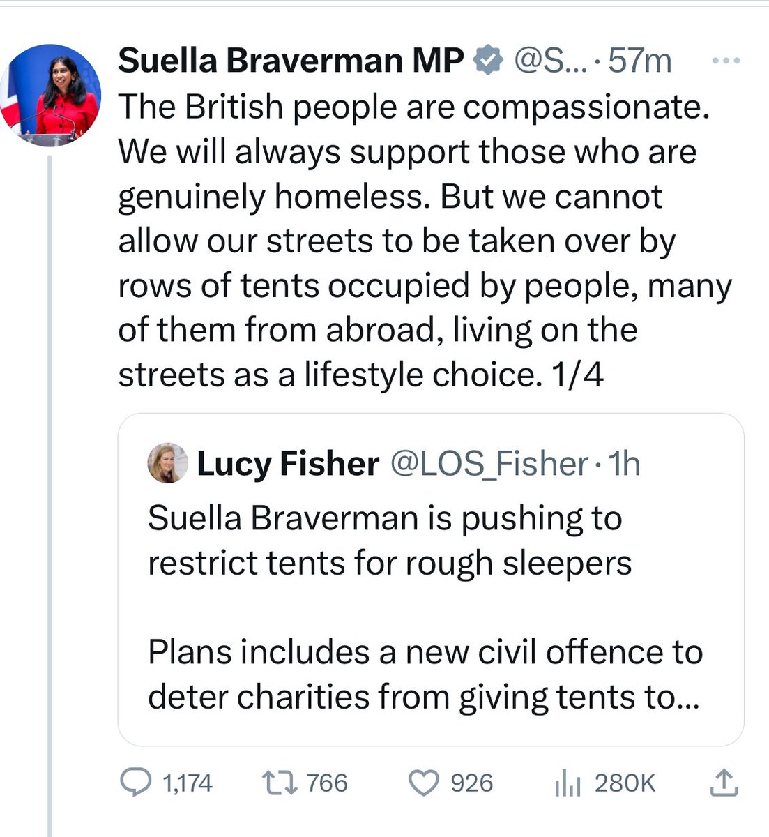 <a href="/ukhomeoffice/">Home Office</a> In these circumstances, it is frankly abhorrent for the Home Secretary to be proposing banning tents for rough sleepers in the King’s Speech.

I hope all decent people will unite in opposition to this obscene proposal.🙏🏻

4/5