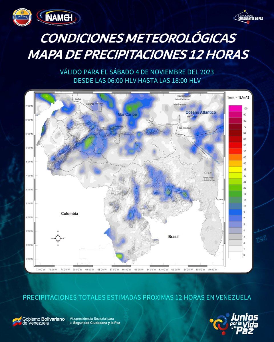 #4Nov #INAMEHInforma Se prevé áreas nubladas con precipitaciones de intensidad variable, algunas asociadas a ráfagas de viento y actividad eléctrica, en áreas de Delta Amacuro, Sucre, Anzoátegui, región Insular, Bolívar, Amazonas, Miranda, la Guaira, Distrito Capital, Aragua,