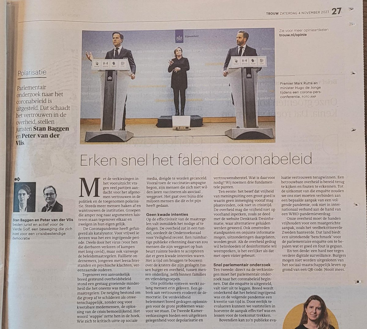Er is veel aandacht voor polarisatie maar nog lang niet alle politieke partijen zetten zich echt in om het vertrouwen te herstellen. Grondige evaluatie van het coronabeleid is essentieel. "Het is tijd om bruggen te bouwen," schrijven Peter vd Vlis en <a href="/estanaqui/">Stan Baggen</a> van <a href="/VierdeGolf/">De Vierde Golf</a>.