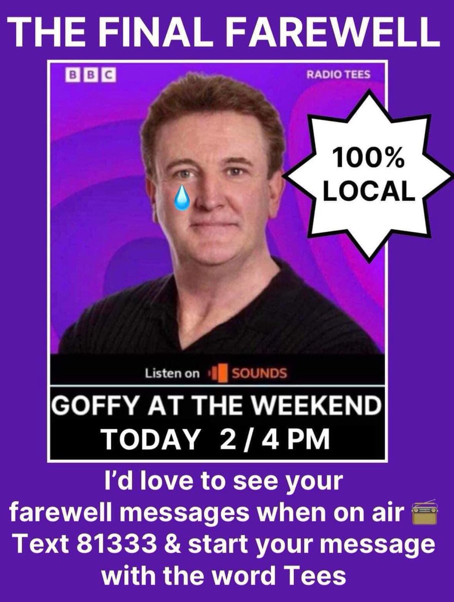 Paul 'Goffy' Goff (@GoffyMedia) will be hosting his last show on @TeesBbc on Sunday. Please listen in for this final time on @BBCSounds, and give him the send off he truly deserves ⭐️⭐️⭐️⭐️⭐️