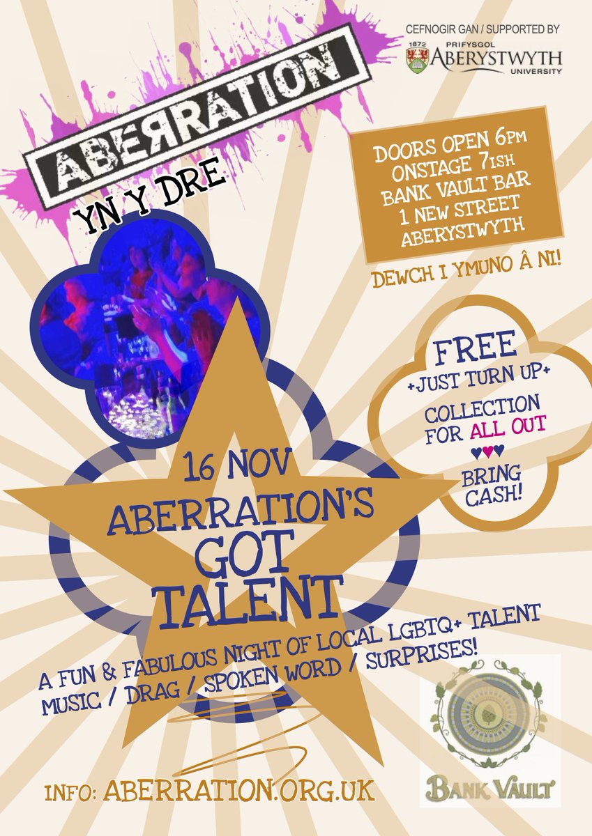 🥳Coming soon: Aberration's Got Talent!🏳️‍🌈🏳️‍⚧️🏴󠁧󠁢󠁷󠁬󠁳󠁿 Thurs 16 Nov at Bank Vault Bar #Aberystwyth Kindly supported by <a href="/AberUni/">Aberystwyth University</a> Cyffrous! aberration.org.uk/aberrations-go… #LGBTQIA <a href="/LGBTHM/">LGBT+ History Month 🏳️‍🌈🏳️‍⚧️</a> <a href="/QueerWelsh/">Queer Welsh Stories</a> @QueerCymru <a href="/LGBTQymru/">LGBTQYMRU</a>