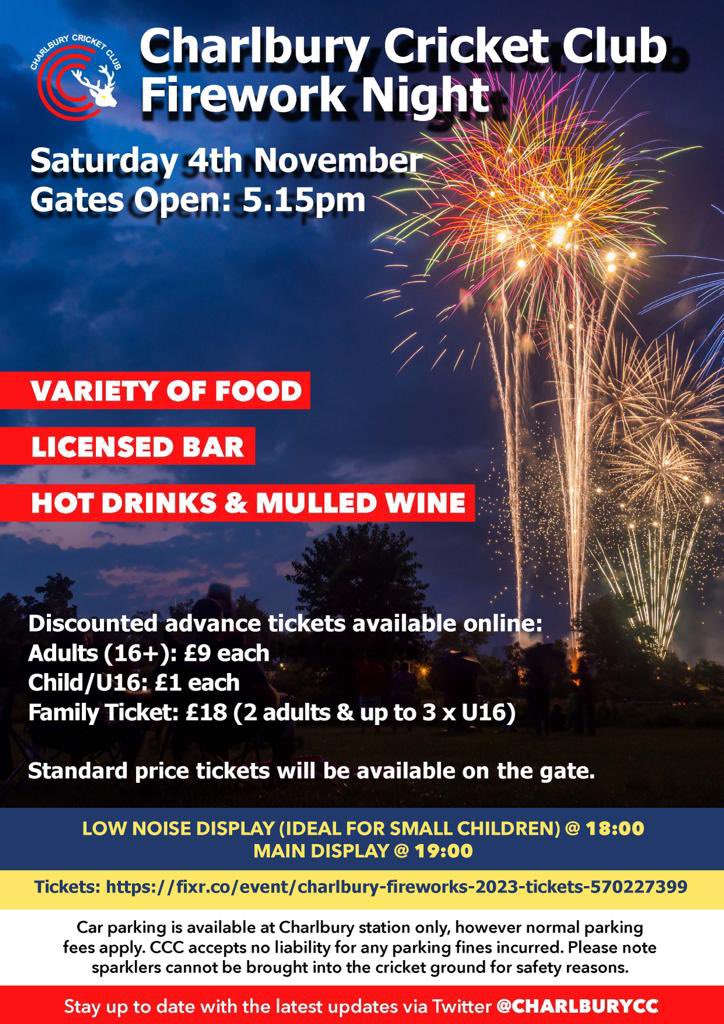 Tonight’s the night… Charlbury Fireworks 2023 are here!!!! 🧨💥

Not got tickets, no need to worry! Tickets are still available to buy online (see the link in our bio) or on the gate upon entry 🎟️ 

We look forward to seeing you later!

#charlburyfireworks #fireworknight