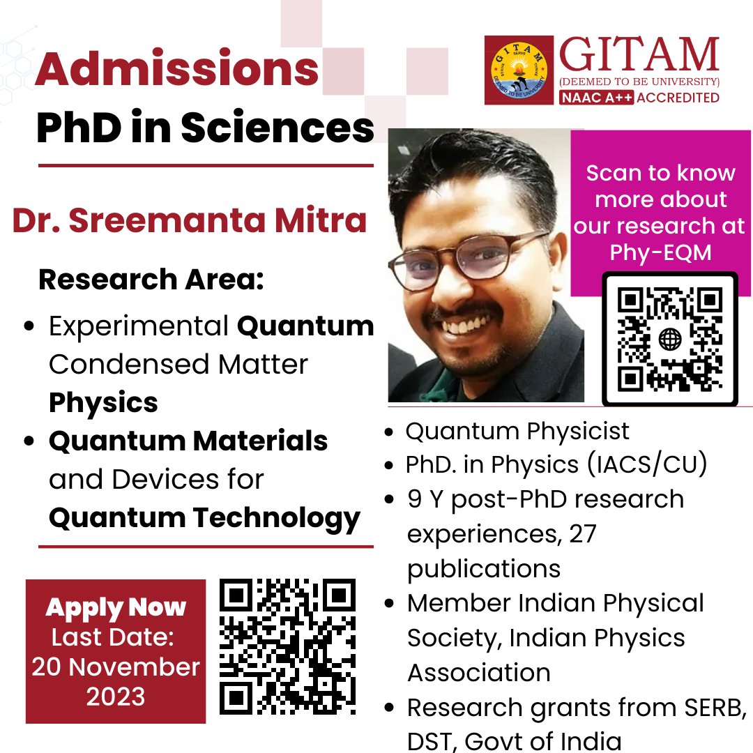 Interested in Quantum? We #ResearchatGITAM are recruiting two graduate students in the fall sem to work on diverse aspects of quantum matter in my PHY-EQM Lab <a href="/GITAMUniversity/">GITAM Deemed University</a> #Bengaluru. Funds available to support your research from #SERB. Fellowshp by #GITAMdeemedtobeUniversity