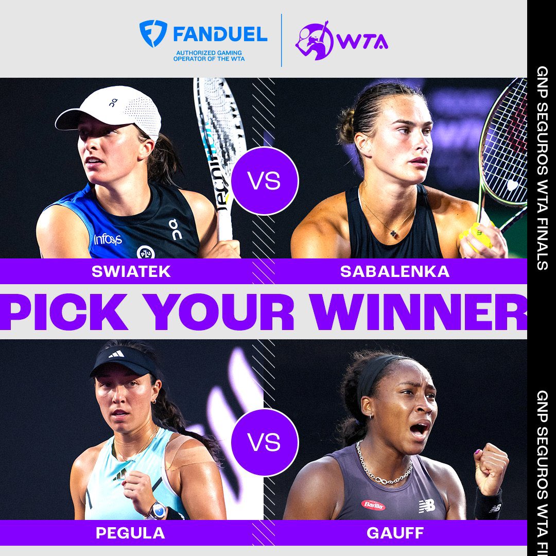 🇮🇹 Chi giocherà la finale?? 🤔
🇬🇧 Who'll play in the final?? 🤔

#IgaSwiatek #ArynaSabalenka
#JessicaPegula #CocoGauff #WTA
#WTAFinals