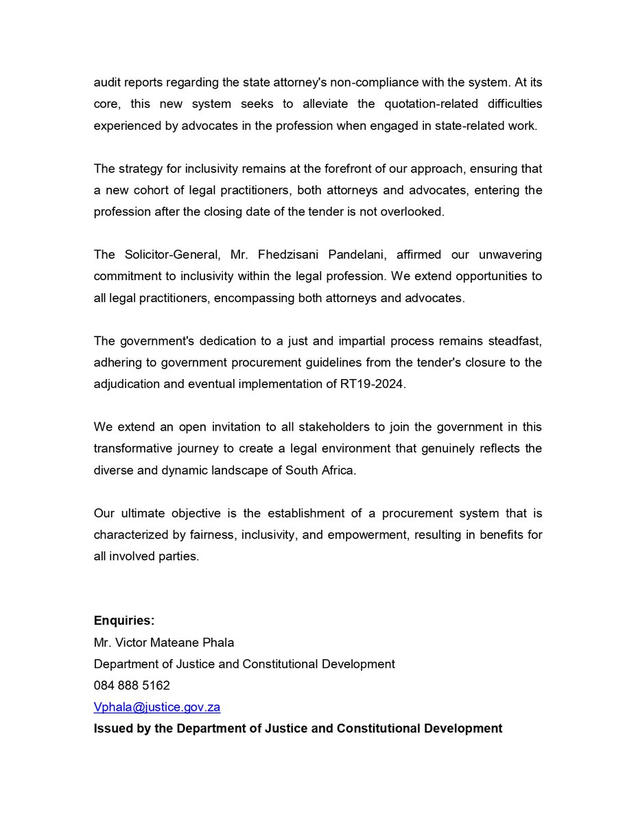 DOJCD_ZA's tweet photo. Media Statement

04 November 2023

GOVERNMENT UPHOLDS LEGAL TRANSFORMATION AND EMPOWERMENT WITH THE NEW PROCUREMENT SYSTEM https://t.co/m7PVuRgkDs