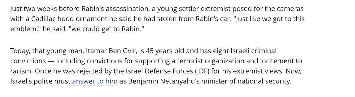 KeithWoodsYT's tweet photo. 🇮🇱🇵🇸 Today, November 4th, marks 28 years since Israel's Prime Minister Yitzhak Rabin was murdered by a Jėwish extremist for seeking a historic peace deal with the Palestinians. 

Many in Israel now blame members of the current Israeli government for the political assassination. In the run up to Rabin's murder, current Prime Minister Benjamin Netanyahu made a series of incendiary speeches, calling Rabin a "Nazi" for entering negotiations with the PLO.

Itamar Ben-Gvir, the current head of National Security in Israel, threatened to kill Rabin several times in his youth, including on Israeli television after stealing an emblem from Rabin's car.

Figures like Netanyahu and Rabin created a climate where any Israeli that sought a peaceful resolution with the Palestinians were seen as traitors and subject to political violence.

Rabin's murder is a reminder of how dangerous the political climate is in Israel for anyone who seeks peace, and what kind of extremists are currently in power in Israel.