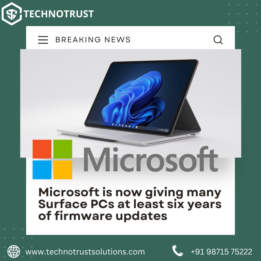TechnotrustS's tweet image. Microsoft Surface PCs shipped on or after January 1st, 2021 will get at least six years of driver and firmware updates, according to a Microsoft support document reported on by Windows Central.
.
.

#MicrosoftSurface #FirmwareUpdates #DriverUpdates #TechnologyNews
#SoftwareUpdate