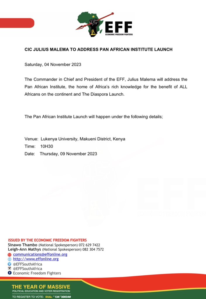 CIC @Julius_S_Malema To Address Pan African Institute Launch