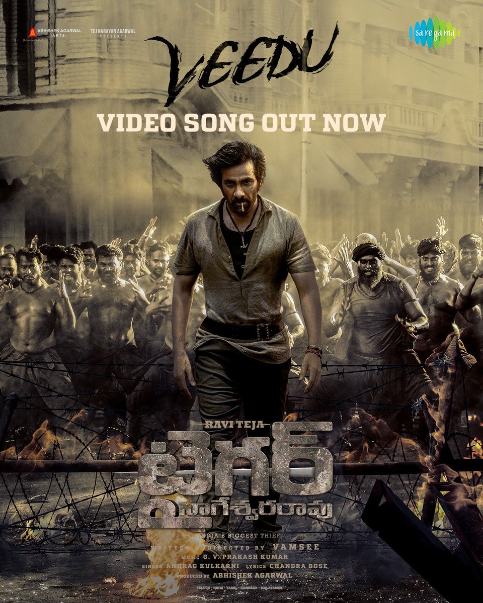 AAArtsOfficial's tweet photo. The fire of #TigerNageswaraRao 🔥
The high voltage #Veedu / #Bheedu video song out now 💥💥
Telugu
- https://t.co/zifLOXuXgt
Hindi
- https://t.co/Uzj6LGRmXN
A @gvprakash musical 🥁
@RaviTeja_offl @DirVamsee @AbhishekOfficl @AnupamPKher @NupurSanon @gaya3bh #RenuDesai @MayankOfficl @ArchanaOfficl @saregamasouth @anukreethy_vas @Jisshusengupta @madhie1 @artkolla @SrikanthVissa @CastingChhabra @RelianceEnt