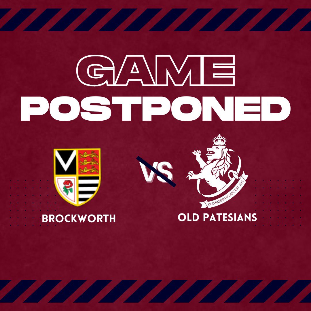 Unfortunately due to both waterlogged pitches at @brockworthrfc and @oldpatsrfc our 1XV game is postponed until a later date 🌧️

#allezlespats