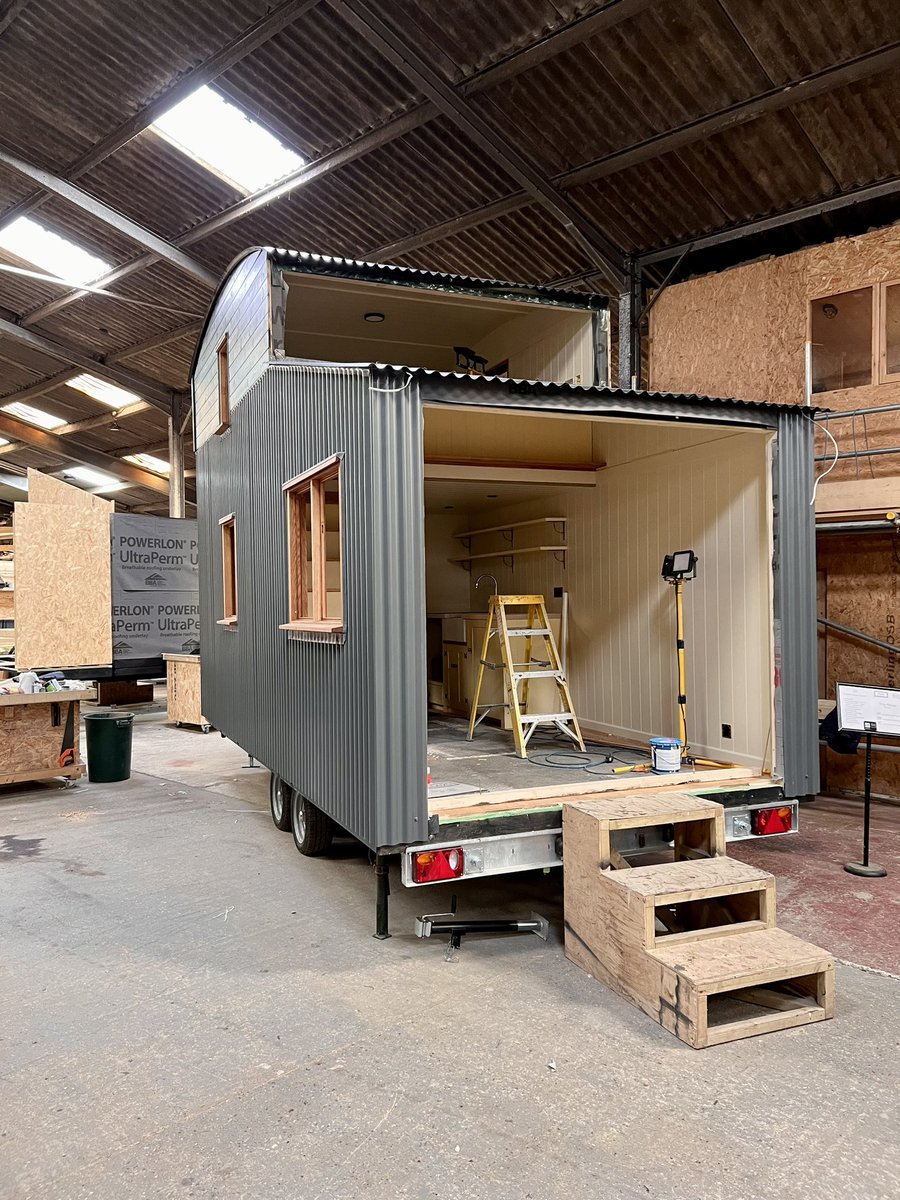 A new ‘Hut House’ (a term freshly trademarked to Plankbridge) is looking great. Inspired by the famous Dutch barn in a Dorset field near Sixpenny Handley on the Salisbury road. A ready to roll hut, available for delivery after a professional photoshoot. Sweet Chestnut joinery
