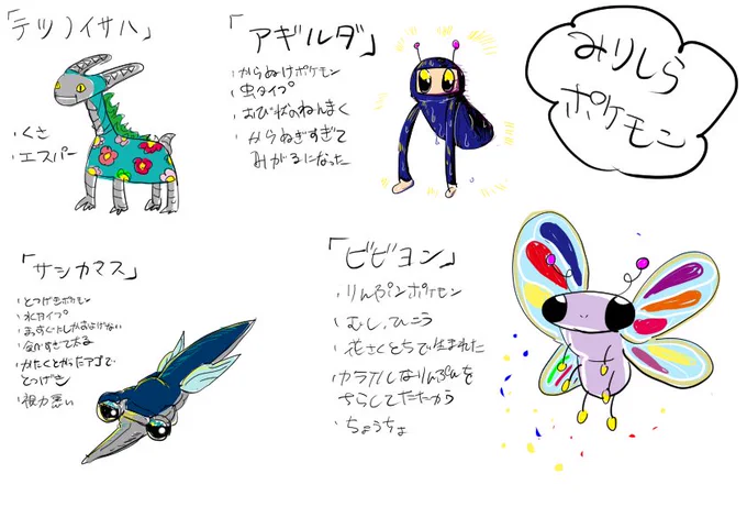 ポケミリしら 名前と特徴聞いて想像で描きました  怒らないでください