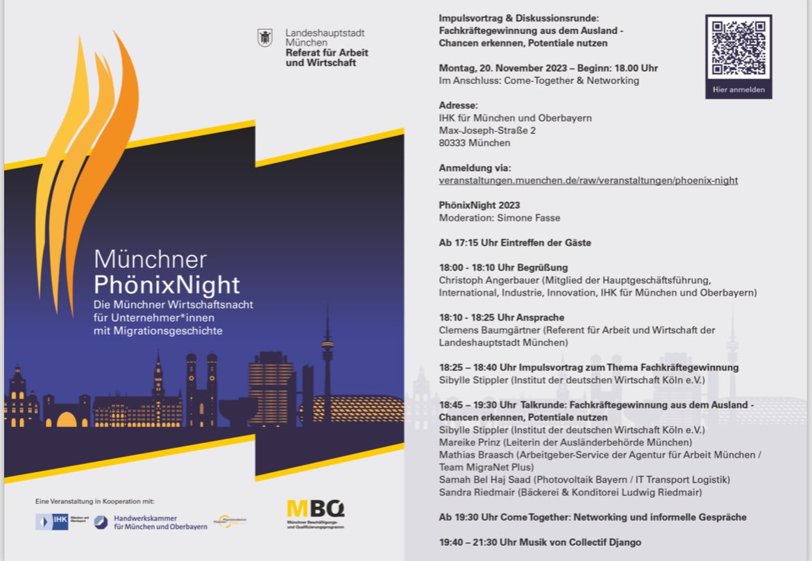 Das Münchner Beschäftigungs- und Qualifizierungsprogramm (MBQ) des Referats für Arbeit und Wirtschaft der LHM laden Sie herzlich ein.

„PhönixNight - Wirtschaftsnacht für Unternehmer*innen mit Migrationsgeschichte“ 

Anmeldung:
 
lnkd.in/dsenBD4n