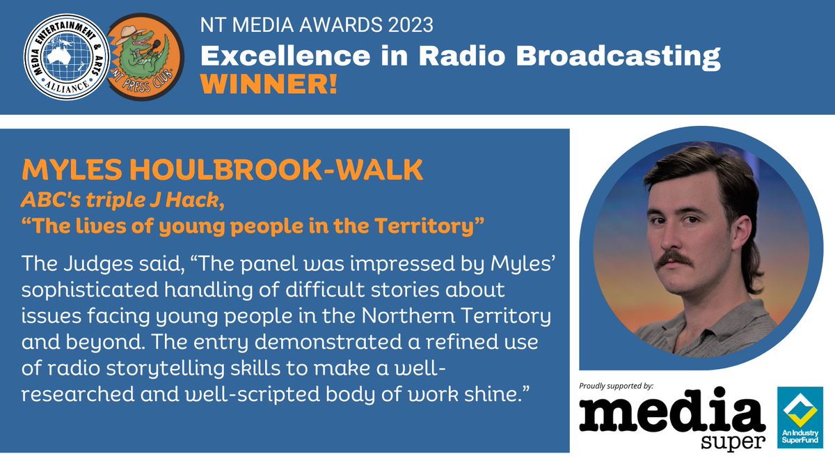 📻 🎙️@triplej Hack reporter Myles Houlbrook-Walk is this year’s winner of the Excellence in Radio Broadcasting Award - sponsored by National @withMEAA NT Media Awards Partner @MediaSuper. Congrats, Myles! #NTMediaAwards23 @withMEAA @ABCaustralia @MylesWalk