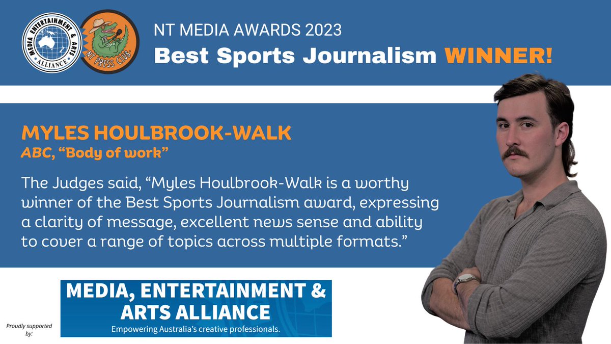 walkleys's tweet photo. 🏆We now move to the award for the best sports story in any medium… and @ABCaustralia @MylesWalk has snagged his second award of the night. Gooooal! 🥅
#NTMediaAwards23 @withMEAA @NTPressClub https://t.co/F3NPQCEQA0