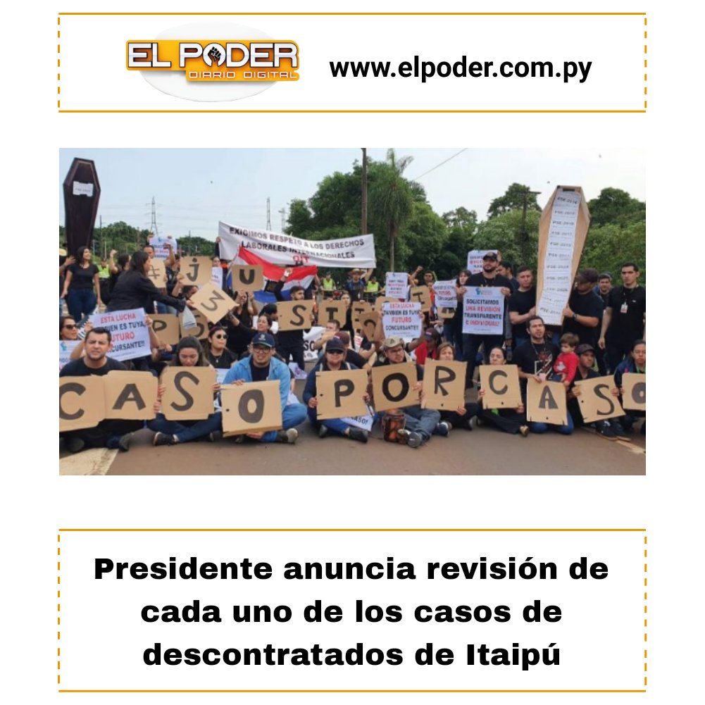 📰 #Portada A través de redes sociales, el presidente Santiago Peña anunció que tras evaluarse el pedido de los descontratados de Itaipú, finalmente se estudiará cada caso. 
elpoder.com.py/nacionales/202…