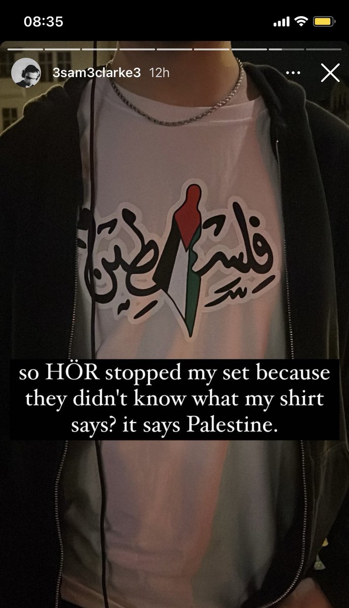 ZabMustefa's tweet image. HÖR Berlin, which is run by two former IDF soldiers, stopped this DJ’s live set because he was wearing a tshirt that had Palestine written in Arabic.