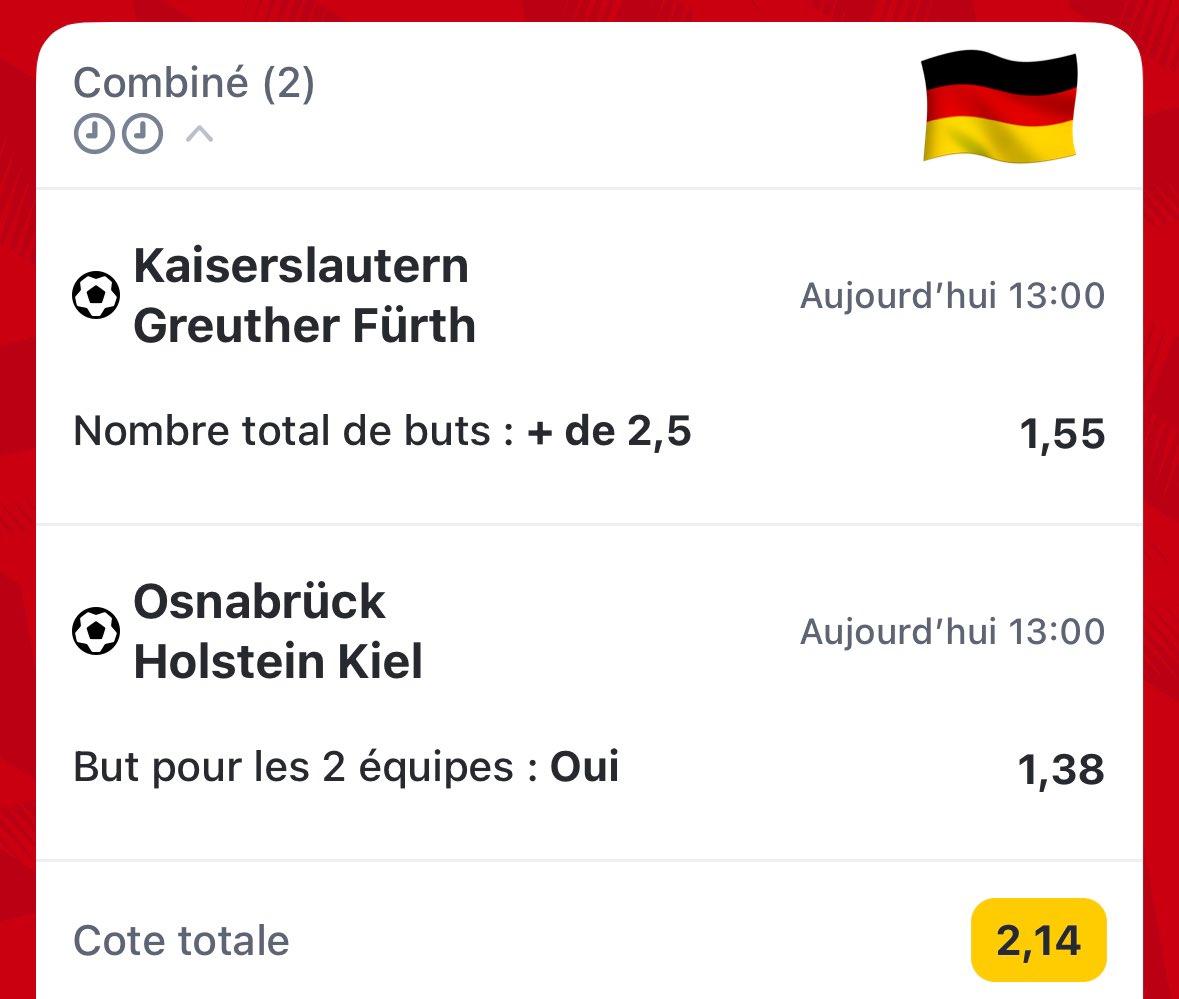 🚨#Pronostic du jour ! 

Mais avant ça on s’envoie un petit truc pour vibrer sur les matchs de 13h00 🕐 

Prono 2 coté à 2,14 sur #betclic 
📊 Confiance : 2,5/5 🍀