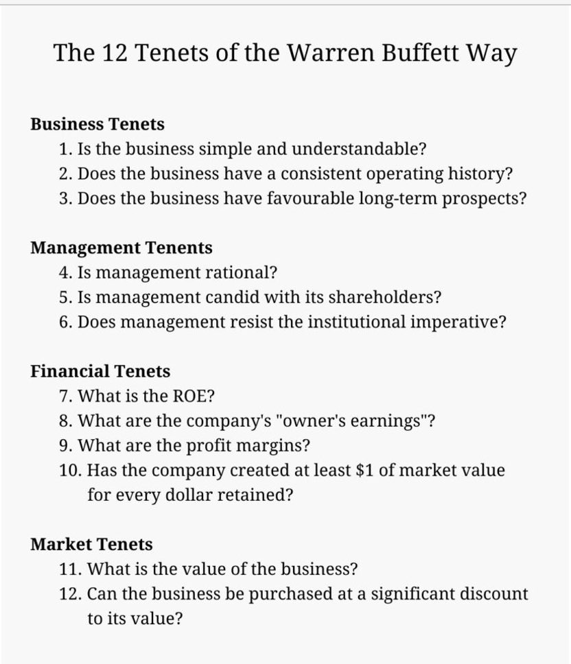 QCompounding's tweet photo. The 12 tenets of the Warren Buffett way: https://t.co/nx8qkBwesH