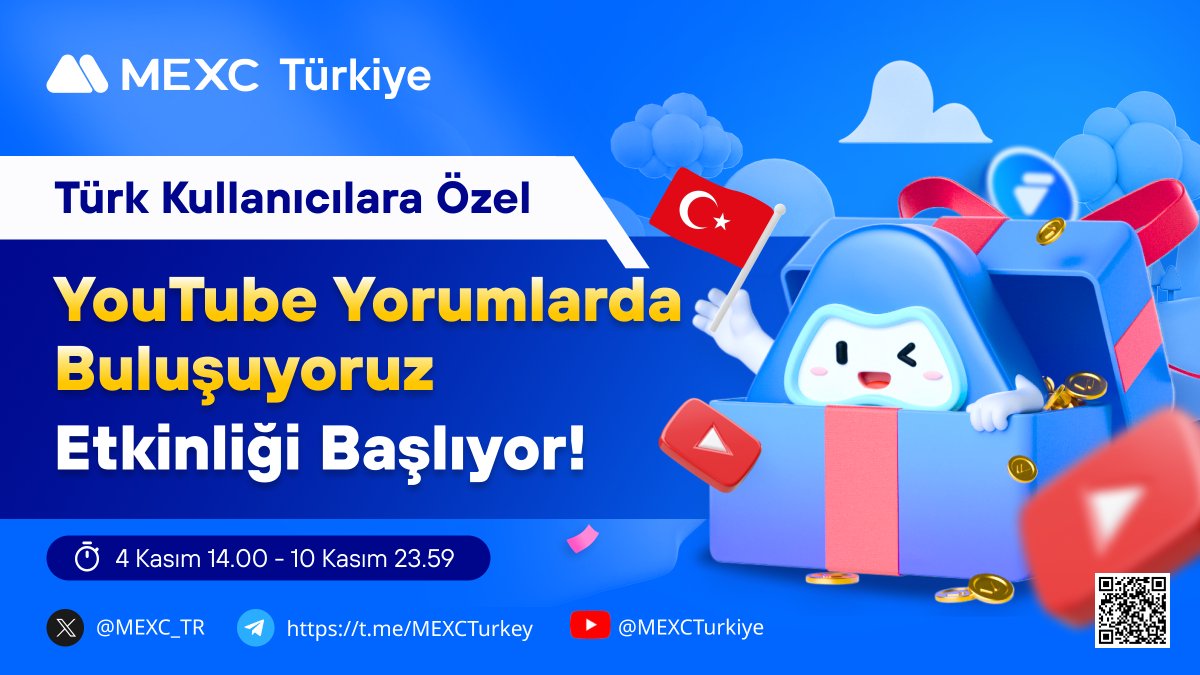 MEXC_Topluluk's tweet photo. 🚀 #MEXC Türkiye Özel “ YouTube Yorumlarda Buluşuyoruz” Etkinliği Başlıyor! 🥳

💰 Toplam Ödül: 300 $USDT 

📅 Etkinlik Tarihi: 4 Kasım 14.00 - 10 Kasım 23.59 

➡️ Katılım: https://t.co/kSsAXPPyY9

📌 Ayrıntılar: https://t.co/em0QmGVYDB

🔥Ayrıca, bizi takip eden, bu gönderiyi beğenen, alıntılayan, 3 arkadaşını ve @MEXC_TR 'yi  etiketleyen 10 kullanıcımıza kişi başı 10 #USDT hediye! 

💙İşte bu kadar basit!