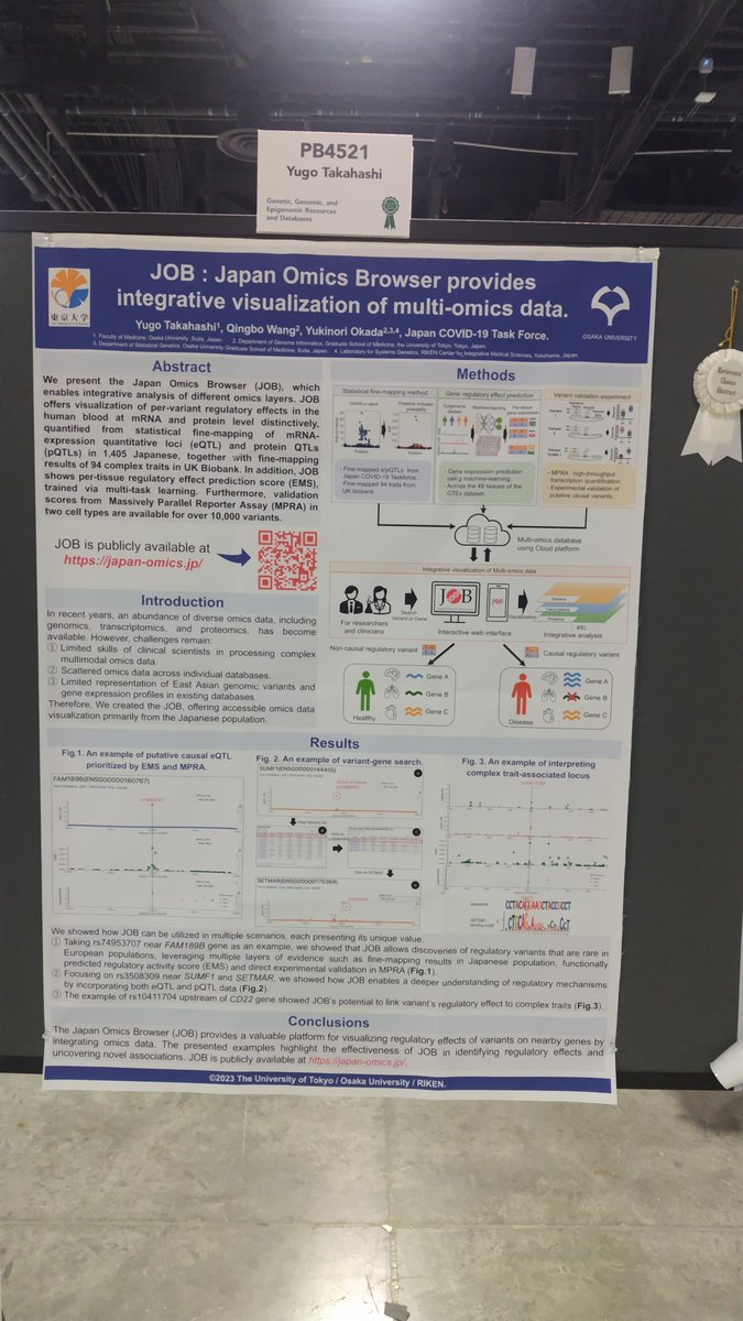 YukinoriOkada (@okada_yukinori) on Twitter photo Poster presentation by Yugo Takahashi (medical student) & <a href="/qbw_128/">Qingbo Seiha Wang</a> got "Reviewers' choice abstract" in ASHG meeting 2023㊗️🎉
Japan Omics Browser (JOB), integrative visualization of multi-omics data of Japanese.
Publickly available at japan-omics.jp
#ASHG2023 #eqtl #pqtl Poster presentation by Yugo Takahashi (medical student) & <a href="/qbw_128/">Qingbo Seiha Wang</a> got "Reviewers' choice abstract" in ASHG meeting 2023㊗️🎉
Japan Omics Browser (JOB), integrative visualization of multi-omics data of Japanese.
Publickly available at japan-omics.jp
#ASHG2023 #eqtl #pqtl