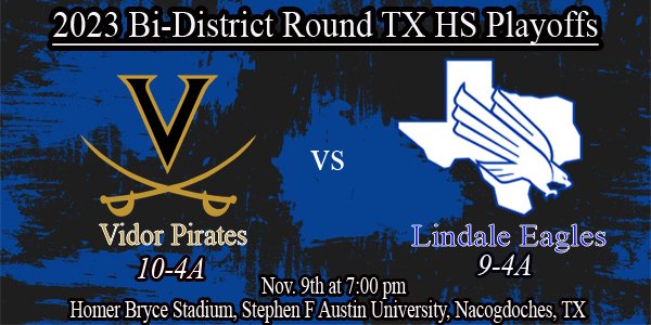 Lindale_FB's tweet photo. Regular season is officially over! Round 1 is locked in! Your Eagles take on the Vidor Pirates in Nacogdoches. Ticket information is coming soon. @Coach_Cochran @LISD_Surratt @LHSEagleEye @LindaleISDNews #ALLIN #Unityisthe🤫 https://t.co/qEuy89q9eJ