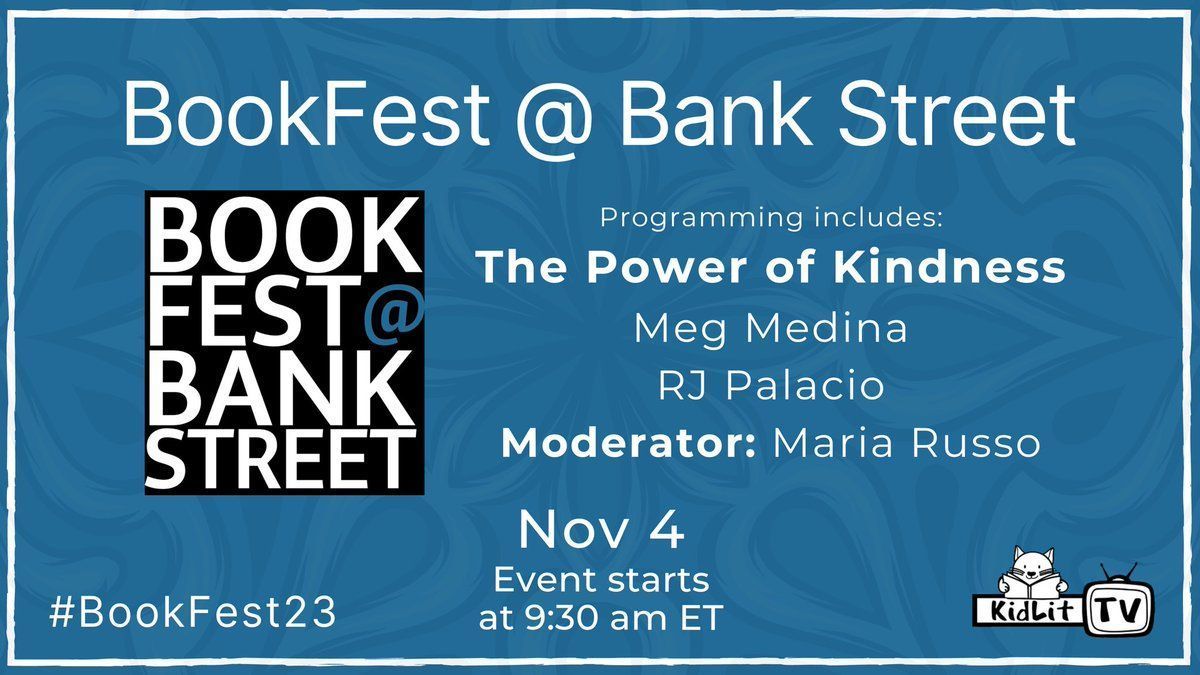 KidLitTV_NYC's tweet photo. ✨FROM 9.30 AM ET TODAY!✨ Don’t miss #BookFest23 @bankstreetedu featuring this uplifting conversation about kindness between, @Meg_Medina &amp; @RJPalacio, two of the century's greatest #kidlit authors: https://t.co/uz2g08kxE4 @mariarussobooks @Candlewick @penguinrandom @cbcbook https://t.co/aWXe2aAcLj