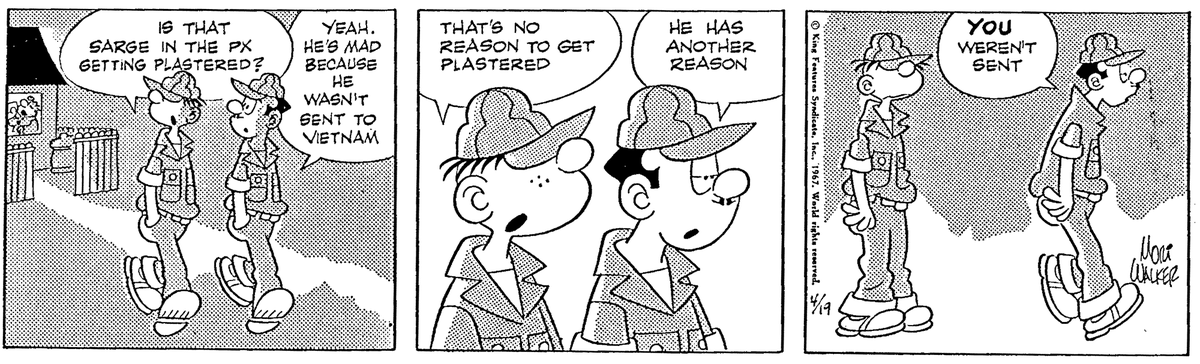 jamersontiossi's tweet image. #BeetleBailey de 14/09/1967. Olha tira não tem este "negoço" de canônico, não. Escrevem uma coisa numa e dois meses depois contradizem - igual à gibi, mas tem uns marmanjos que acham que não. Em resumo: Tainha não foi para o Vietnã, nem o Zero.