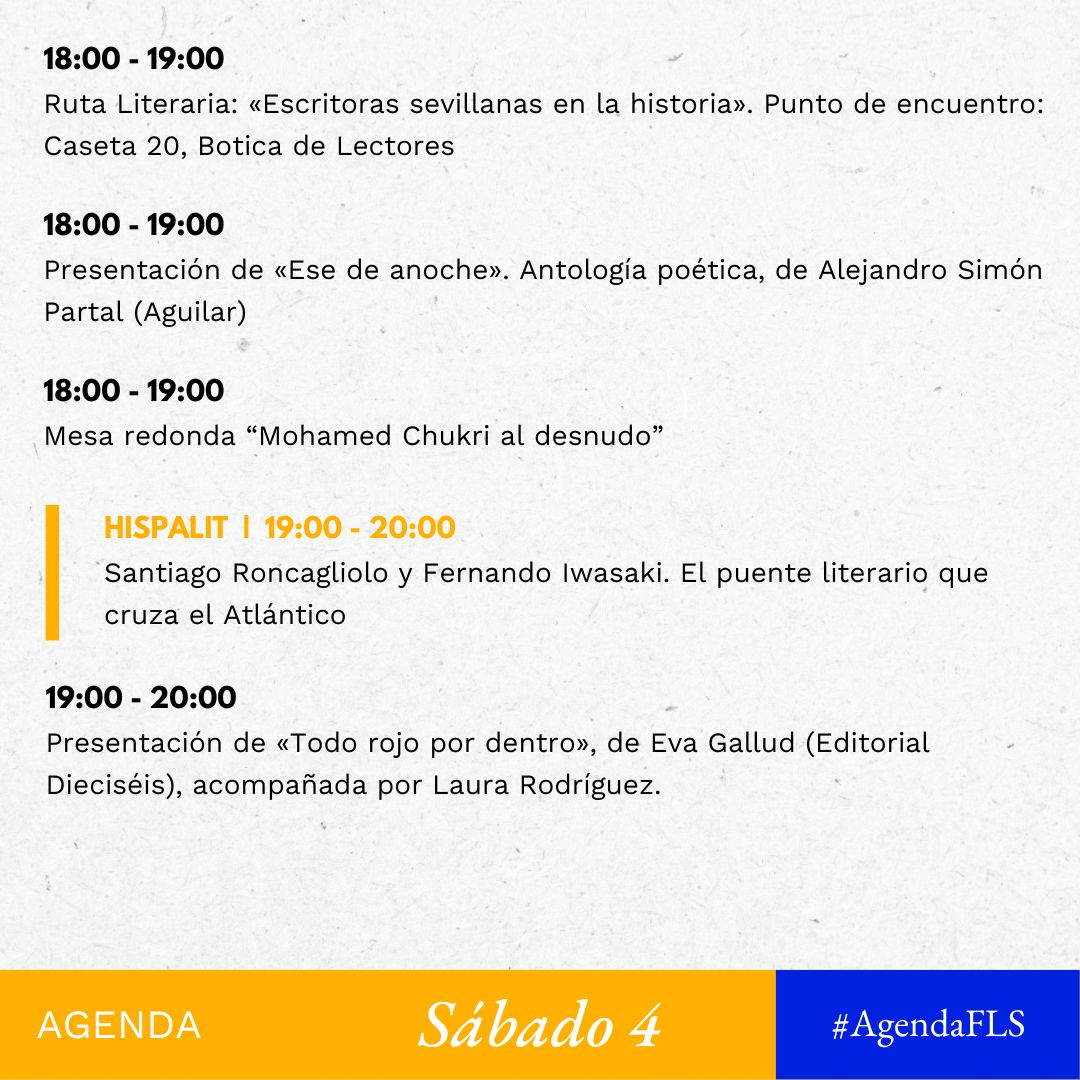 FLSevilla's tweet photo. 🗓️ ¿Se te ocurre un mejor plan que pasearte entre libros y escuchar las presentaciones y diálogos que te proponemos para hoy?
Ah, que quieres planes para peques. Pues de esos también tenemos. Y muy chulos.
Te esperamos en la #FLS23
#ProgramaciónFLS https://t.co/3YD8OPcTS1