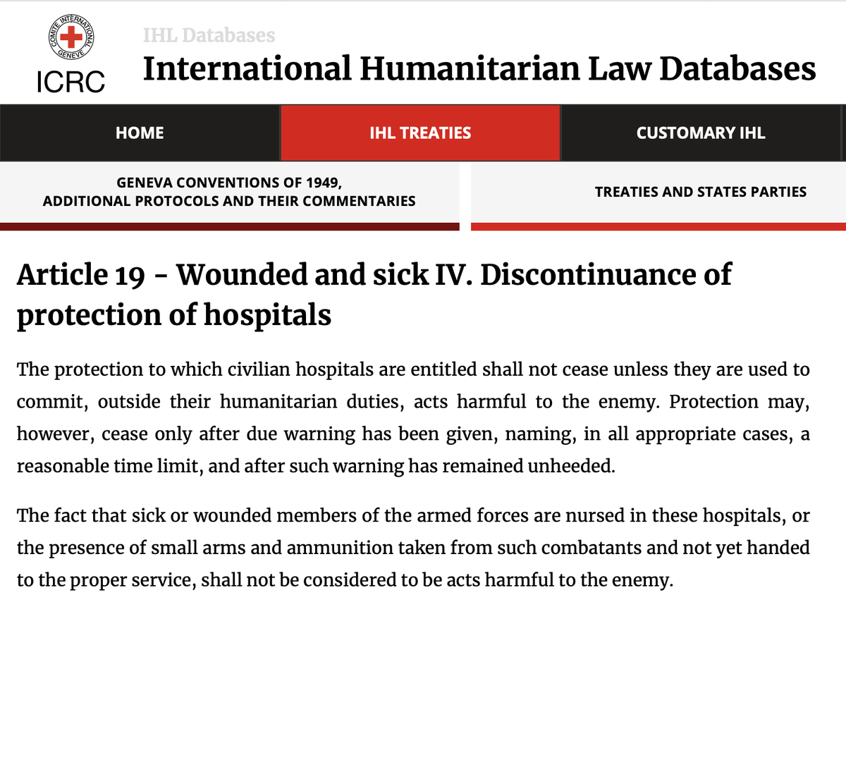 Ostrov_A's tweet photo. To all you sudden int'l law experts, please refer to Article 19 of the Geneva Conventions IV.

In other words, a hospital in #Gaza will lose its protection, when Hamas uses it to attack Israel (eg. firing rockets & running tunnels).

It then turns into a legitimate military target and any onus on damage or casualties, will lie solely with Hamas.