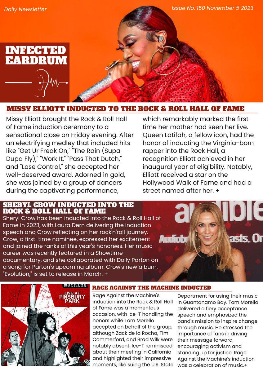 November 5, 2023 issue: @MissyElliott inducted to the rock and roll hall of fame @SherylCrow inducted into the hall of fame @wdymuym inducted into the hall of fame #newmusic #latestmusicnews