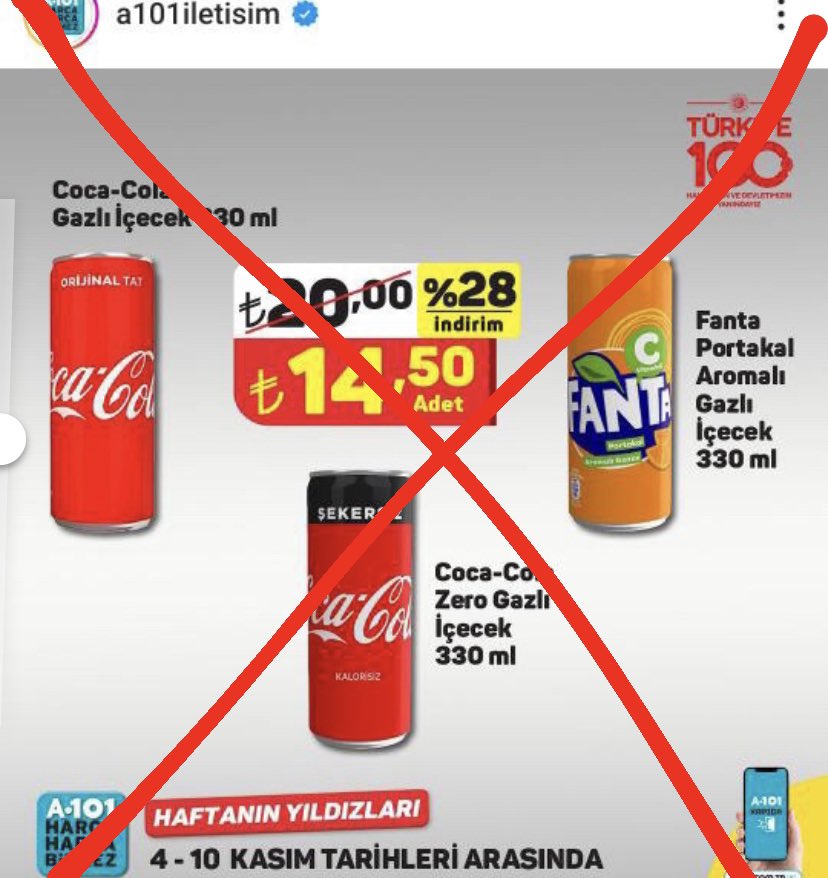 A101 marketleri uyardık ama maalesef kampanya yapmaya devam ettiler hatta şimdi coca cola ve Cola şirketinin ürünlerini inadına yapar gibi “haftanın yıldızları”na sokmuşlar!!!!!

Çok güçlü bir boykot yapalım ibreti alem için tepkimizi gösterelim! 10 binden fazla şubesi olan bir