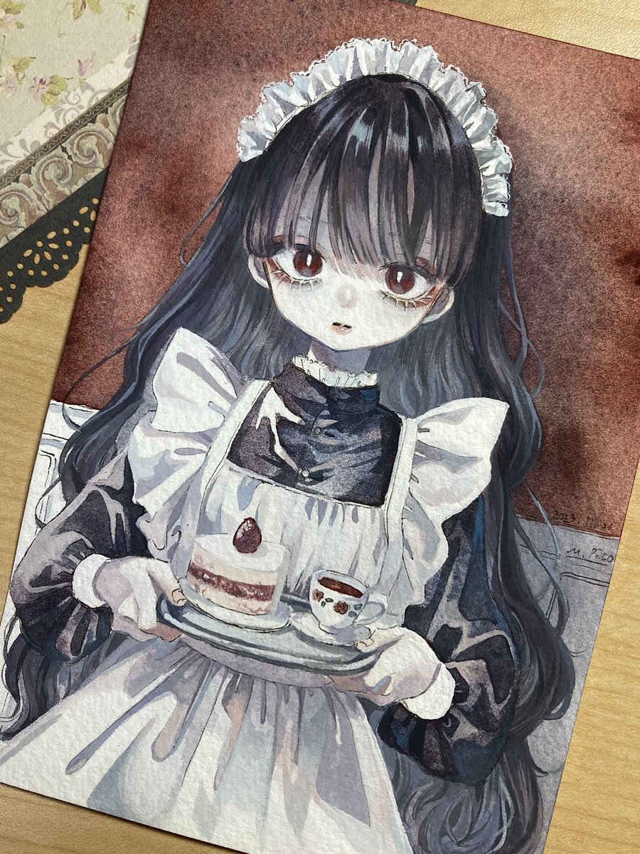 1girl solo black hair maid maid headdress long hair apron  illustration images