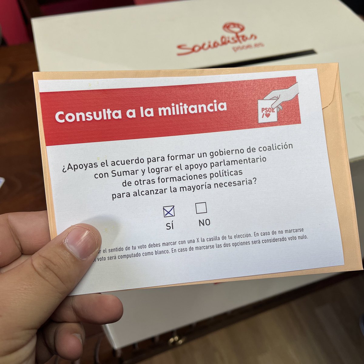 VRCaldevilla's tweet photo. He votado SÍ en la consulta a la militancia a la que estamos convocados. Un sí pese a los costes que conlleva, convencido de que España no puede permitirse retroceder y necesita seguir liderada por un Gobierno del @PSOE que consolide el camino iniciado.

Un SÍ a seguir adelante🌹 https://t.co/RRwyzjCX3Z
