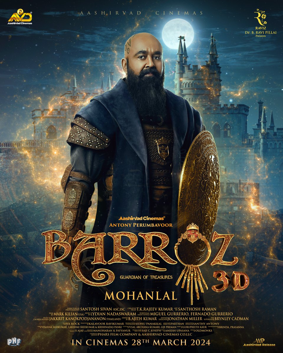 Here's an official announcement to mark your calendars – 'Barroz' is coming to cinemas on 28th March 2024! Don't miss out on what's next.

#BarrozOnmarch28th
#Barroz3D

#TKRajeevkumar #SantoshSivan #AntonyPerumbavoor #AashirvadCinemas
#LydianNadaswaram #MarkKilian…
