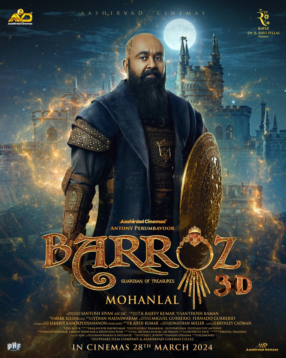 Mohanlal's tweet photo. Here's an official announcement to mark your calendars – "Barroz" is coming to cinemas on 28th March 2024! Don't miss out on what's next.

#BarrozOnmarch28th
#Barroz3D

#TKRajeevkumar #SantoshSivan #AntonyPerumbavoor #AashirvadCinemas
#LydianNadaswaram #MarkKilian
#KallirroiTziafeta #Barroz