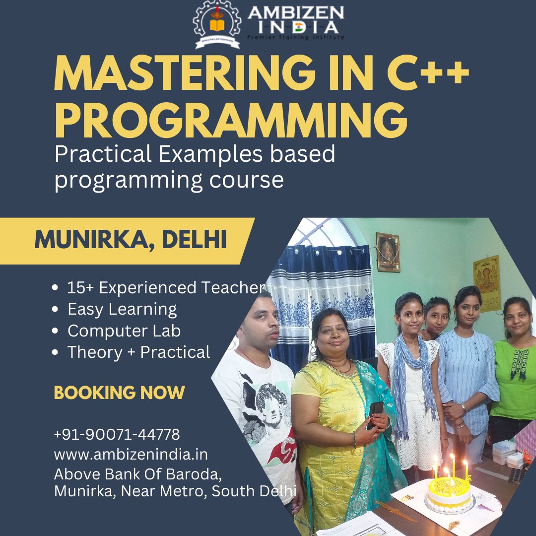 ambizenindia's tweet image. Are you new to coding and want to Learn C++ in Munirka, Delhi? Our beginner-friendly C++ course is the perfect place to start. Get ready to dive into the world of programming and take your first step towards a rewarding career.
#CppProgramming #ProgrammingClasses
Call 9007144778