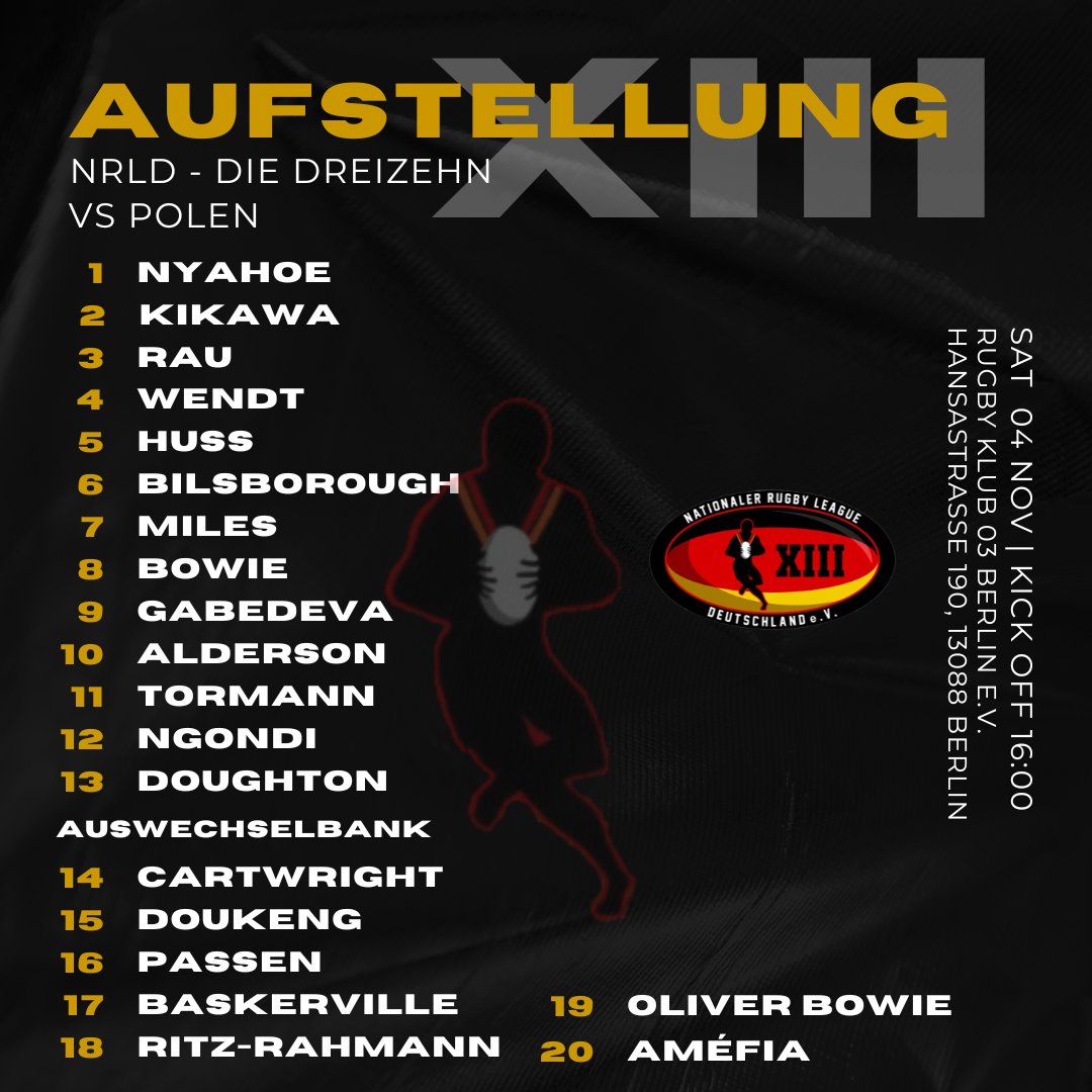 Die Startaufstellung der Nationalmannschaft im ersten Länderspiel gegen Polen!
#NRLD #RugbyLeague #RugbyLeagueDeutschland #DieDreizehn #XIII #LoveRugbyLeague #Berlin