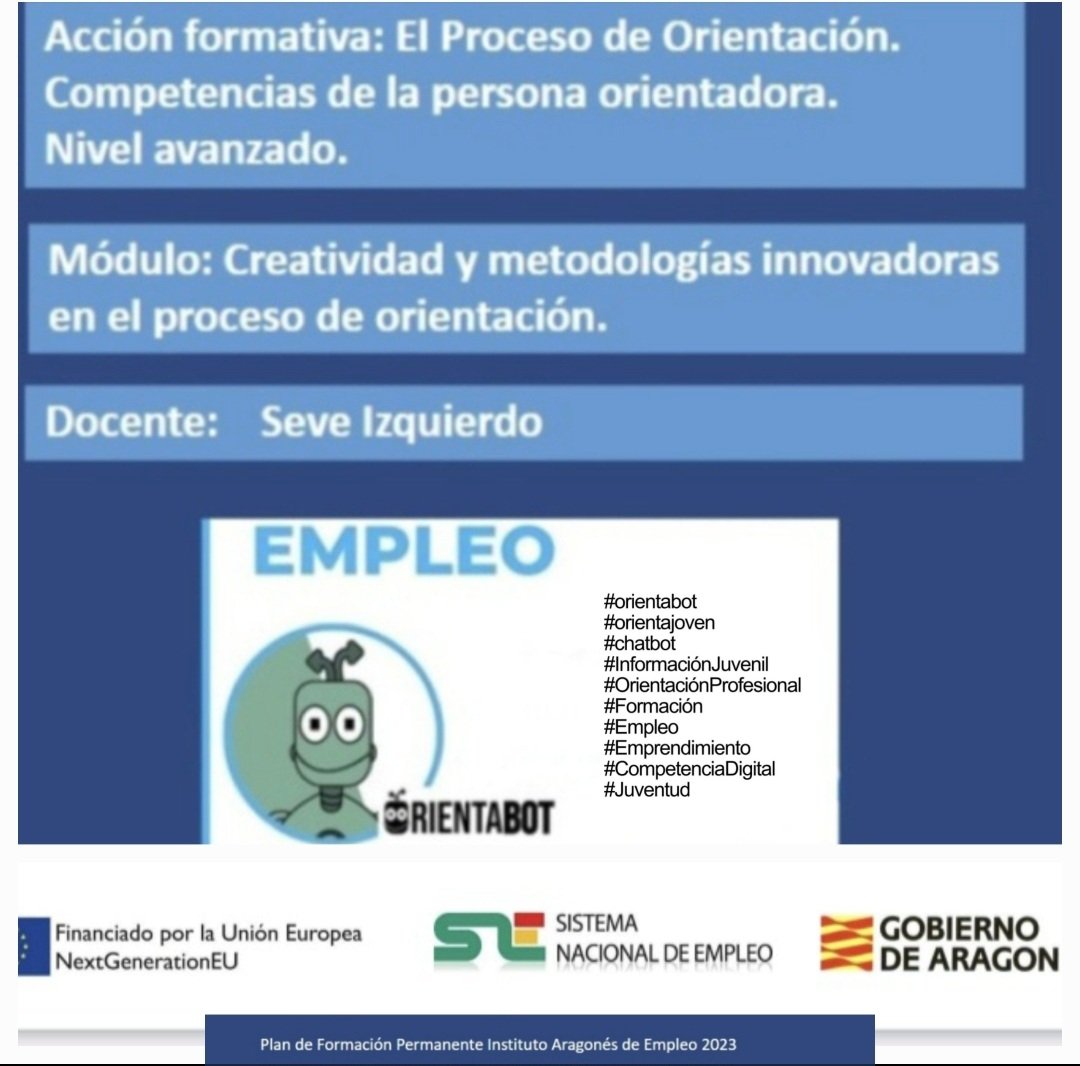 Esta semana en <a href="/Inaempleo/">Inaem</a> invitado por <a href="/JuanMartinez/">Juan Martínez</a> hablaremos sobre el nuevo paradigma en orientación profesional, la competencia digital orientadora, los entornos personales de orientación, y <a href="/orientabot/">Orientabot</a> chatbot que he creado de Información juvenil y orientación profesional.