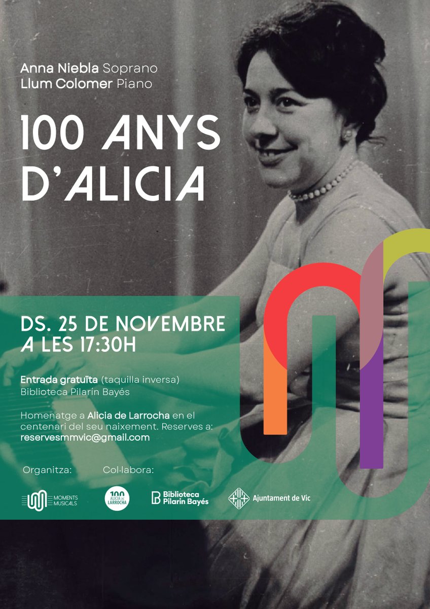 🎼 Ja podeu reservar entrades per al pròxim concert de Moments Musicals. Aquesta vegada, un homenatge a Alicia de Larrocha, amb una soprano i una pianista a la  <a href="/BibliotecaVicPB/">Biblioteca Pilarin Bayés de Vic</a> el 25 de novembre a les 17.30 h. No us el perdeu!