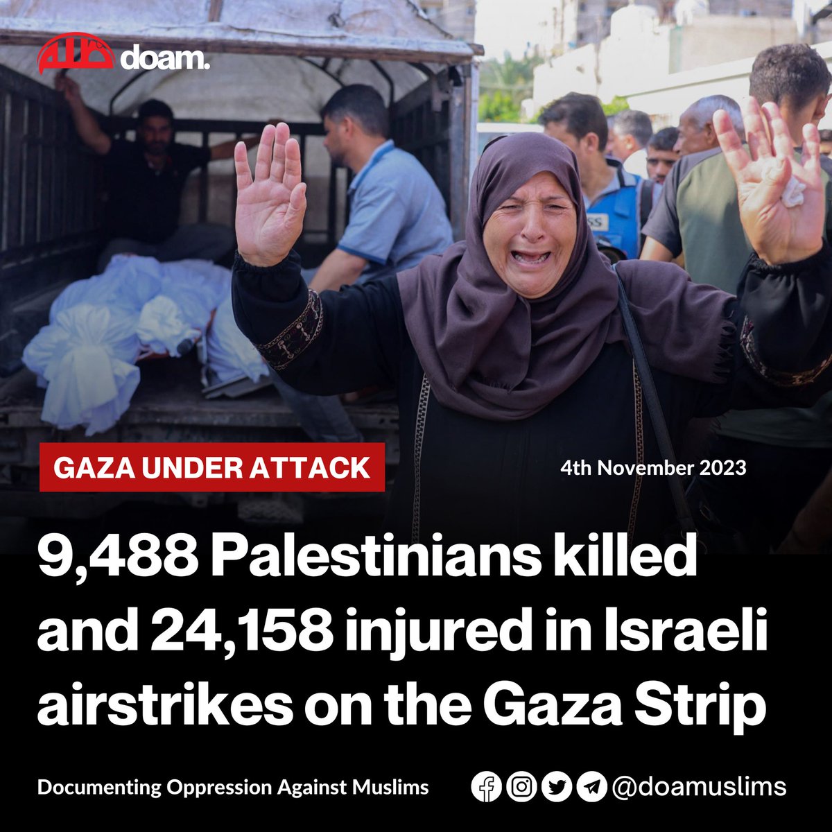 doamuslims's tweet photo. BREAKING! At least 9,488 Palestinians, including 3,900 children and 2,509 women, have been killed and over 24,158 injured in ongoing Israeli airstrikes on the #Gaza Strip. 

⭕ - 231 Palestinians, including 74 children, have been killed in the past 24 hours.

⭕ - There are about 2,200 people still under the rubble, including 1,250 children.

⭕ - 1,006 Palestinian families have been massacred.

⭕ - 70% of the victims of the Israeli aggression are children, women, and the elderly.

⭕ - 150 health personnel have been killed and over 100 others have been injured. 

⭕ - At least 46 Palestinian journalists have been killed. 

⭕ - 16 hospitals and 32 health centres have gone out of service due to targeting and fuel depletion. 

⭕ - Lives of over 130 Palestinian babies in incubators are at risk as Israel continues to cut off fuel.

4th November 2023 / 20 Rabi Al Thani 1445

🔗 Telegram: https://t.co/Xj6b5uASx1

#Gaza_Genocide #GazaGenocide #Palestine #GazaUnderAttack #IsraeliNewNazism