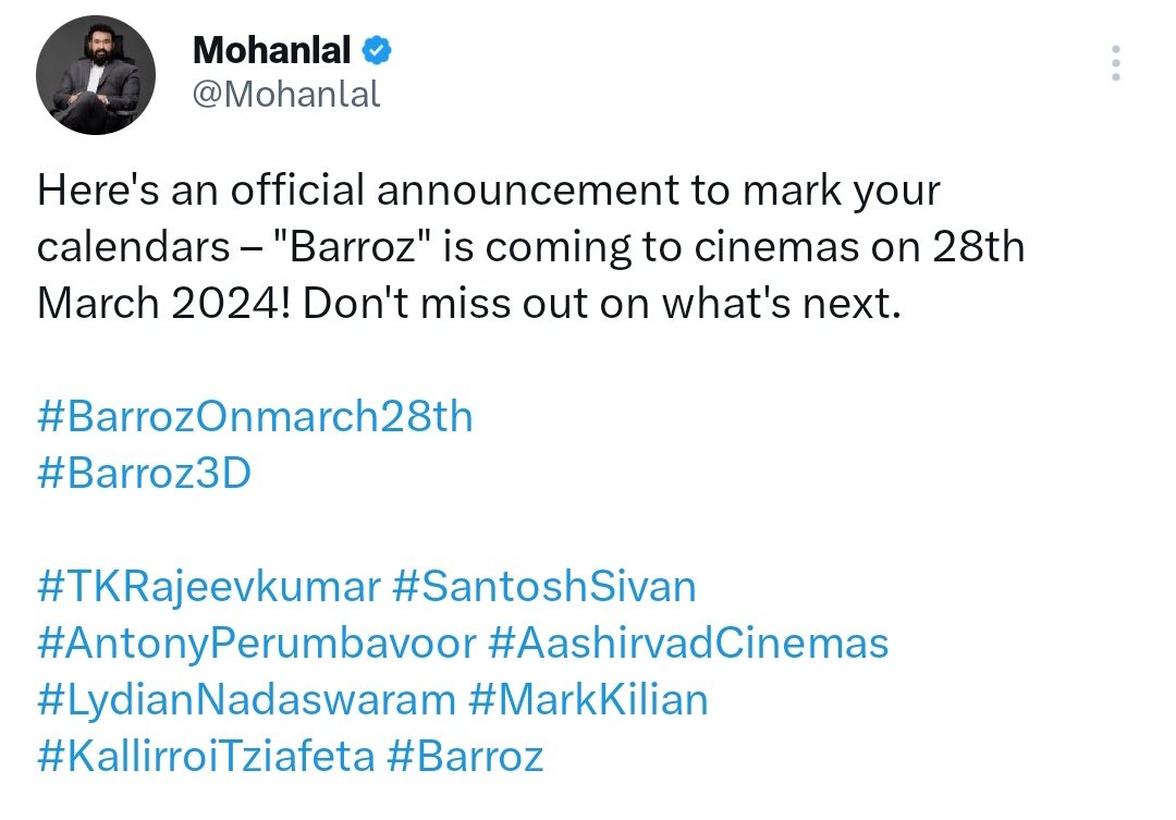 #Barroz releasing across the globe on 28th march - 2024

#Barrozonmarch28th

@Mohanlal #Mohanlal