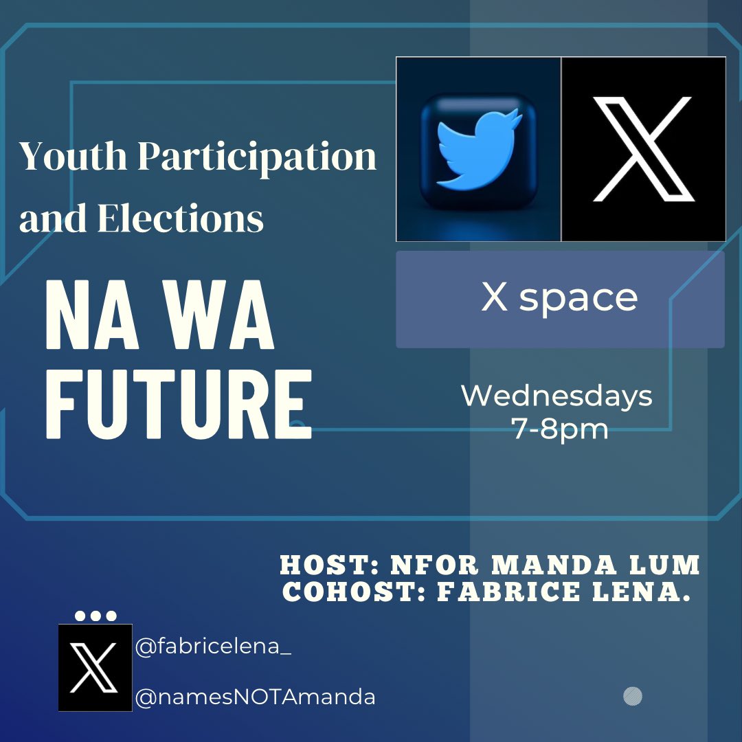 Calling all youths! Join @Fabricelena_ and I every Wednesday from 7-8pm for a space to discuss issues of youth participation in elections. Let's make our voices heard and shape the future of our communities. Use the hashtags #nawafuture #youthparticipation to spread the word!